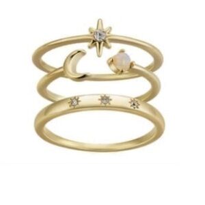14Kt Gold Flash Plated Faux Opal Celestial Moon and Star 3-Piece Ring Set size 7
